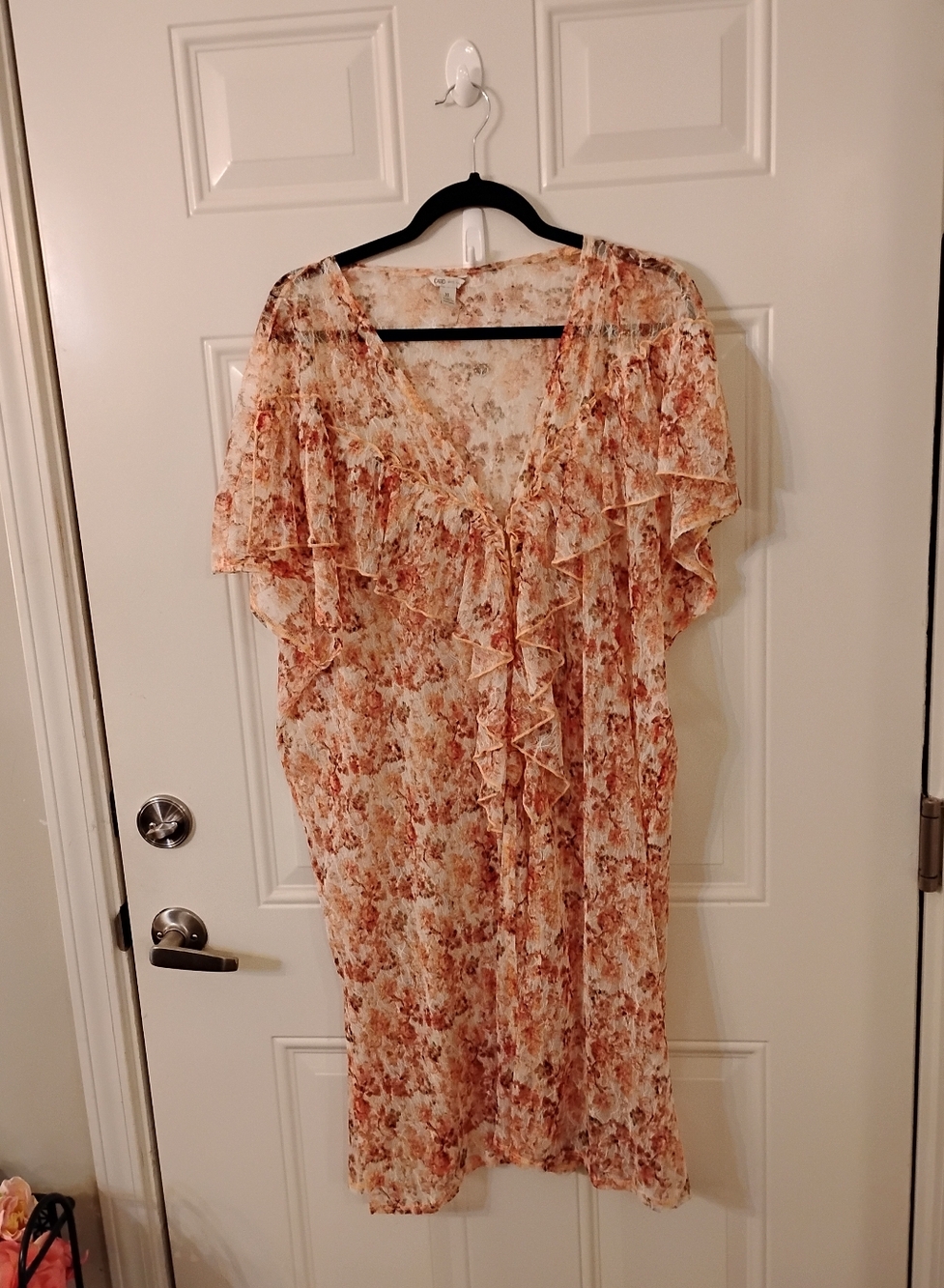 Cato Floral Lace Overlay Dress in White and Rust Sheer Open In Front